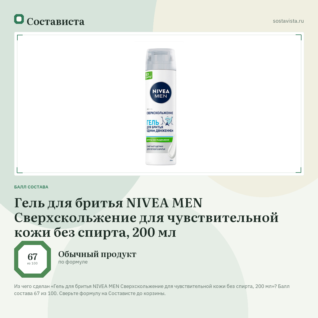 Гель для бритья NIVEA MEN Сверхскольжение для чувствительной кожи без спирта, 200 мл: балл состава 67 из 100 — Состависта