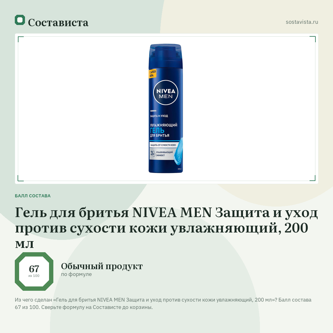 Гель для бритья NIVEA MEN Защита и уход против сухости кожи увлажняющий, 200 мл: балл состава 67 из 100 — Состависта