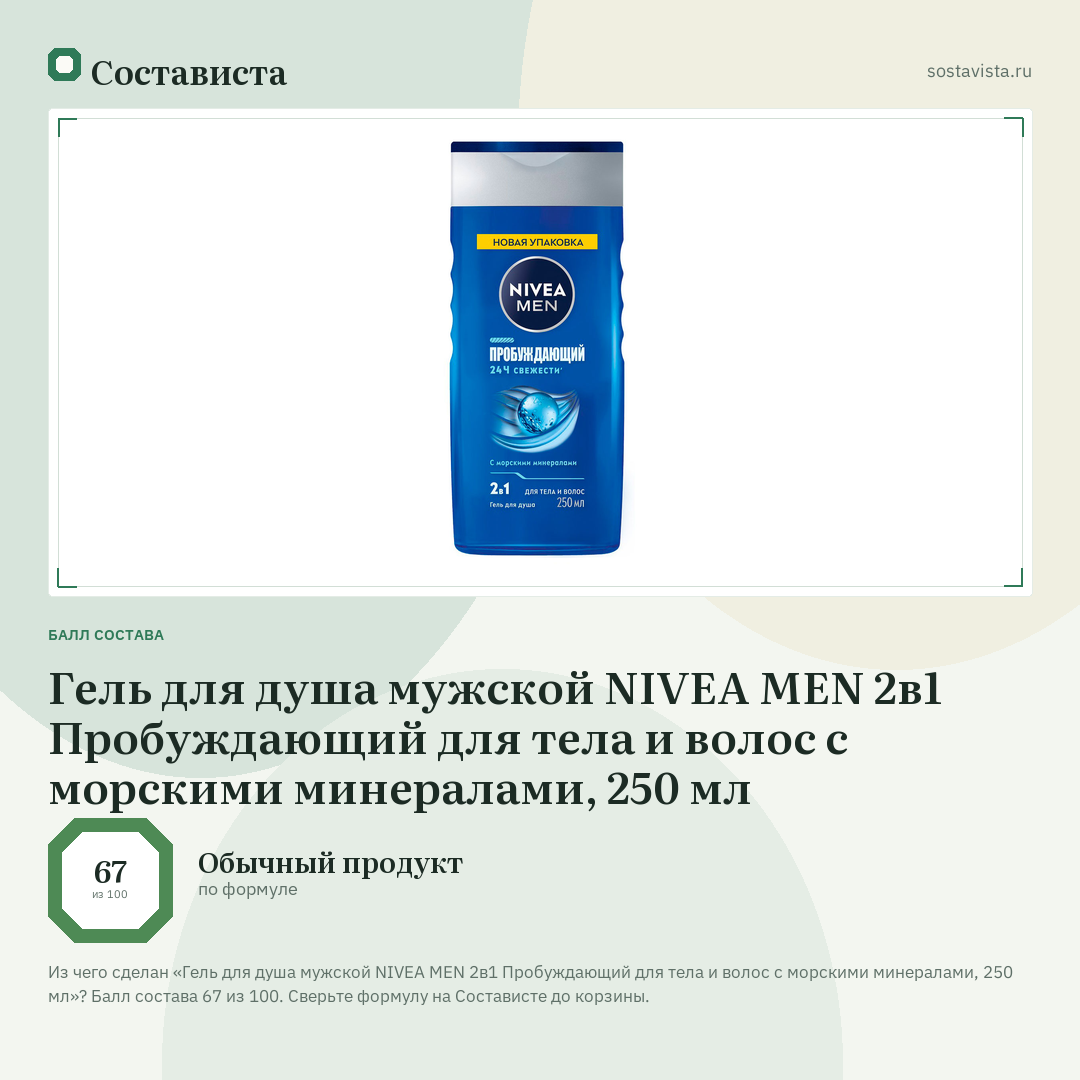 Гель для душа мужской NIVEA MEN 2в1 Пробуждающий для тела и волос с морскими минералами, 250 мл: балл состава 67 из 100 — Состависта