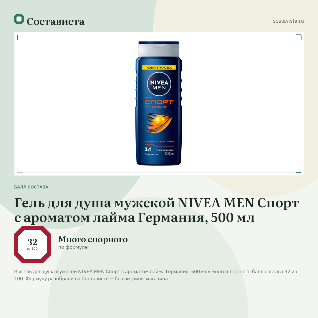 Гель для душа мужской NIVEA MEN Спорт с ароматом лайма Германия, 500 мл: балл состава 32 из 100 — Состависта