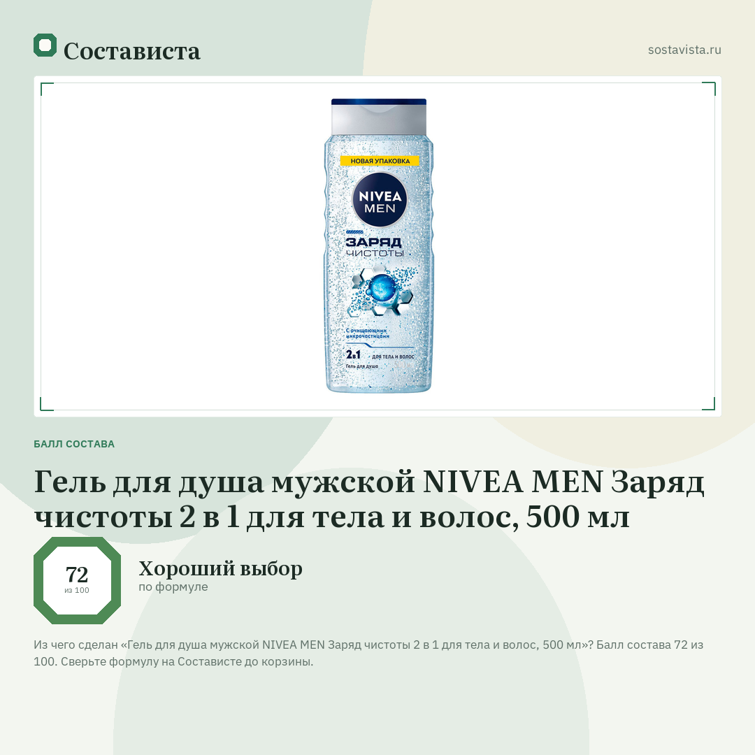 Гель для душа мужской NIVEA MEN Заряд чистоты 2 в 1 для тела и волос, 500 мл: балл состава 72 из 100 — Состависта