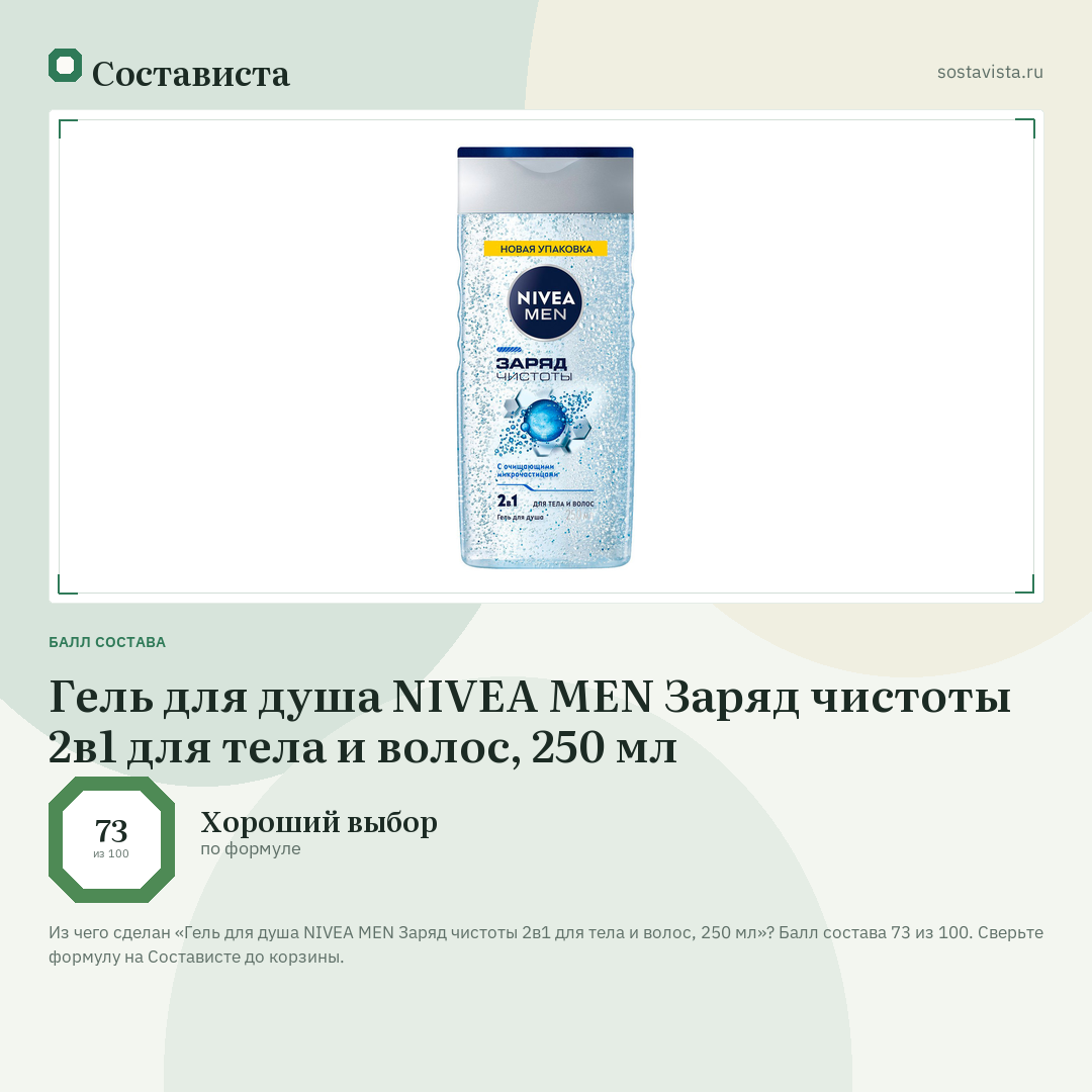 Гель для душа NIVEA MEN Заряд чистоты 2в1 для тела и волос, 250 мл: балл состава 73 из 100 — Состависта