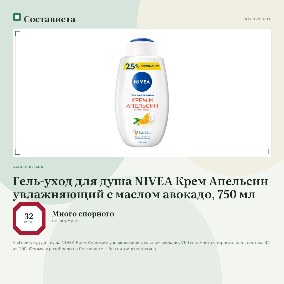 Гель-уход для душа NIVEA Крем Апельсин увлажняющий с маслом авокадо, 750 мл: балл состава 32 из 100 — Состависта