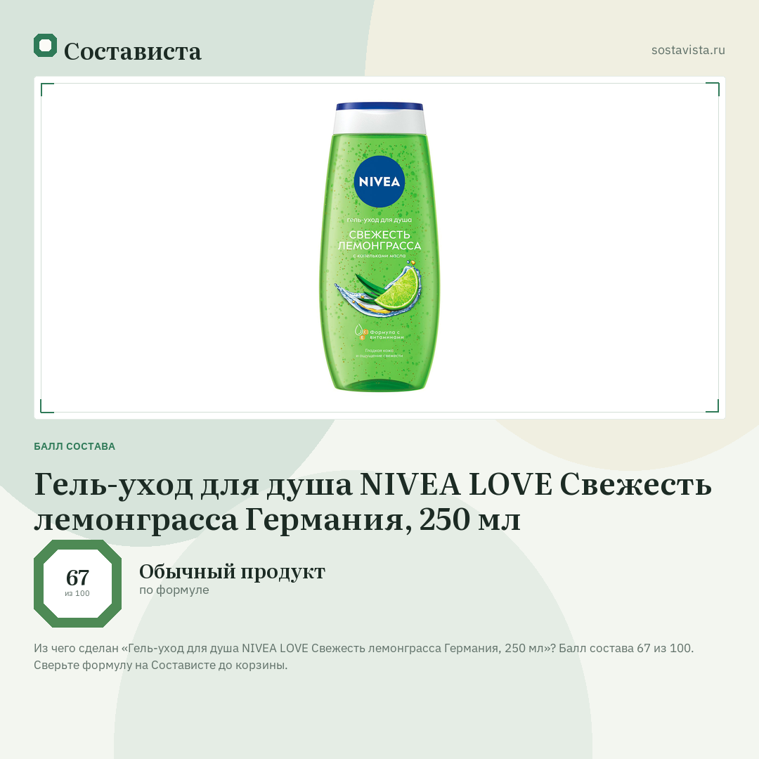 Гель-уход для душа NIVEA LOVE Свежесть лемонграсса Германия, 250 мл: балл состава 67 из 100 — Состависта