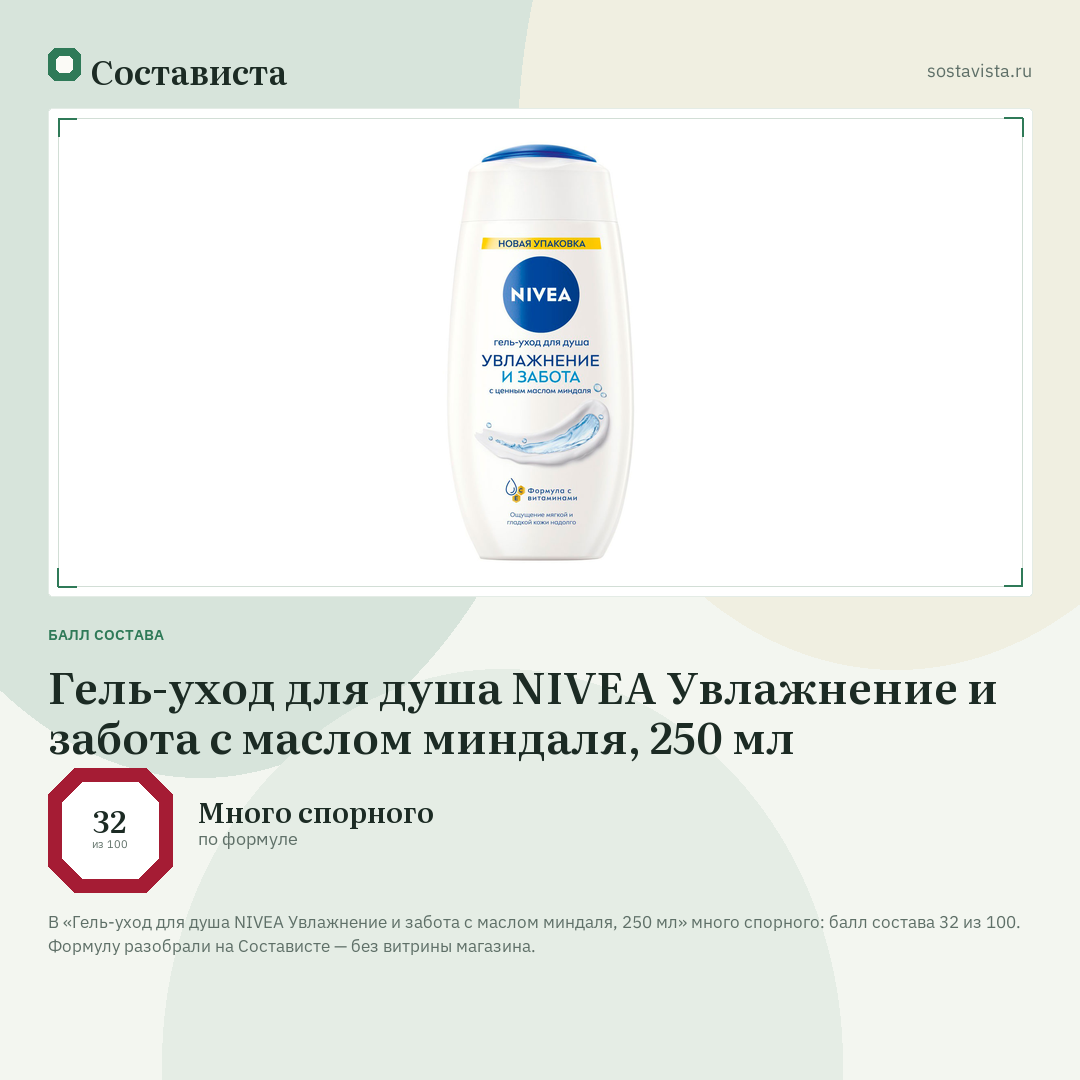Гель-уход для душа NIVEA Увлажнение и забота с маслом миндаля, 250 мл: балл состава 32 из 100 — Состависта