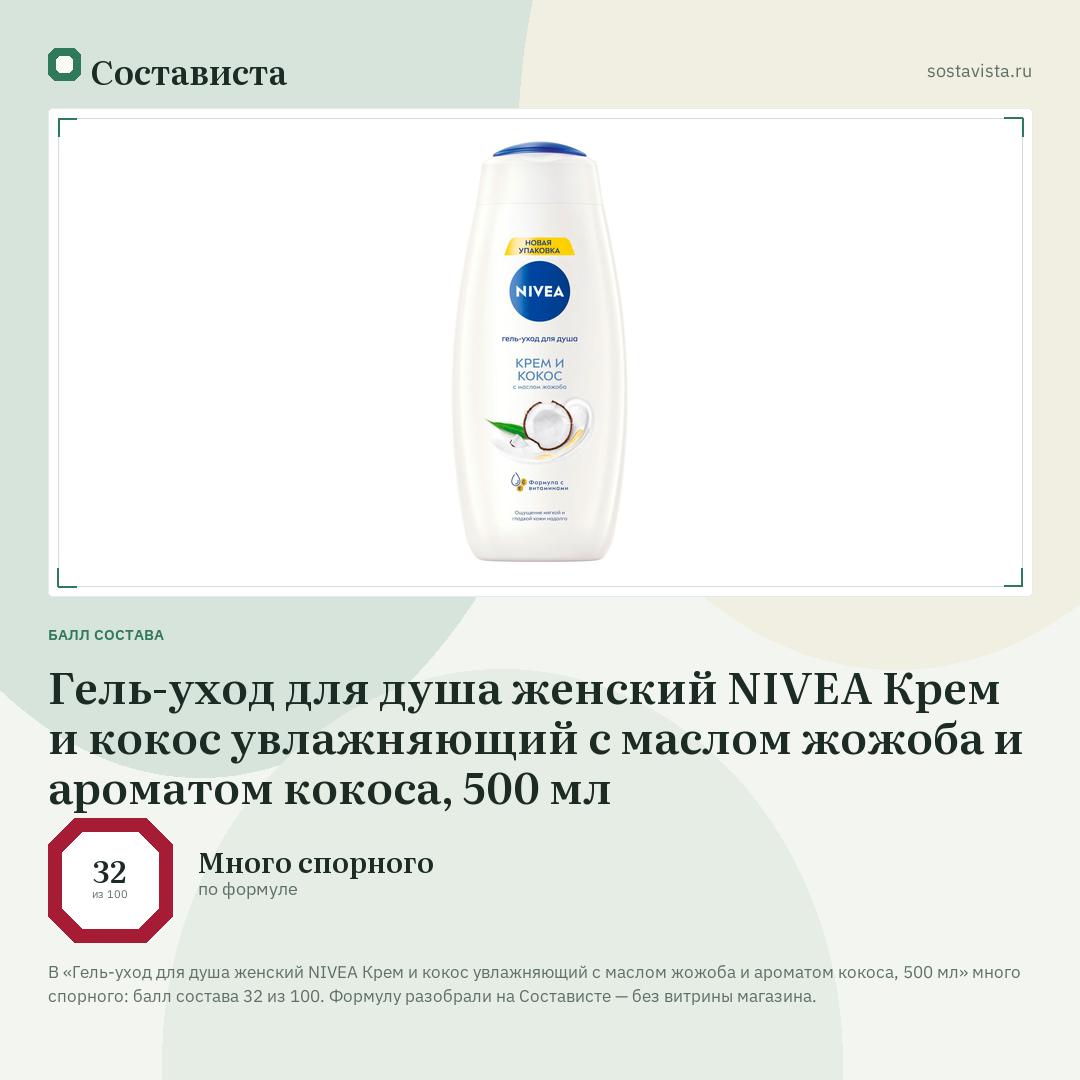Гель-уход для душа женский NIVEA Крем и кокос увлажняющий с маслом жожоба и ароматом кокоса, 500 мл: балл состава 32 из 100 — Состависта