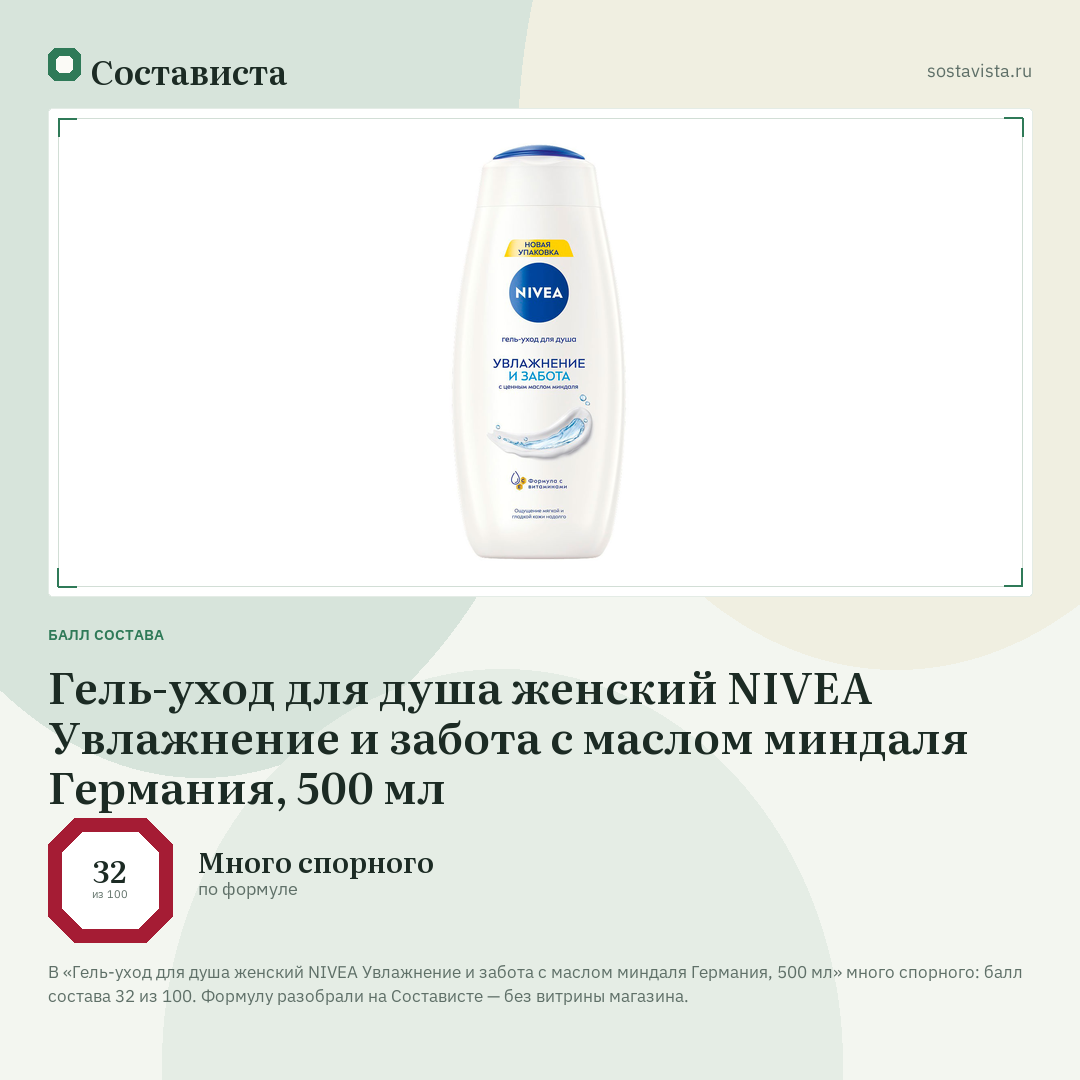 Гель-уход для душа женский NIVEA Увлажнение и забота с маслом миндаля Германия, 500 мл: балл состава 32 из 100 — Состависта