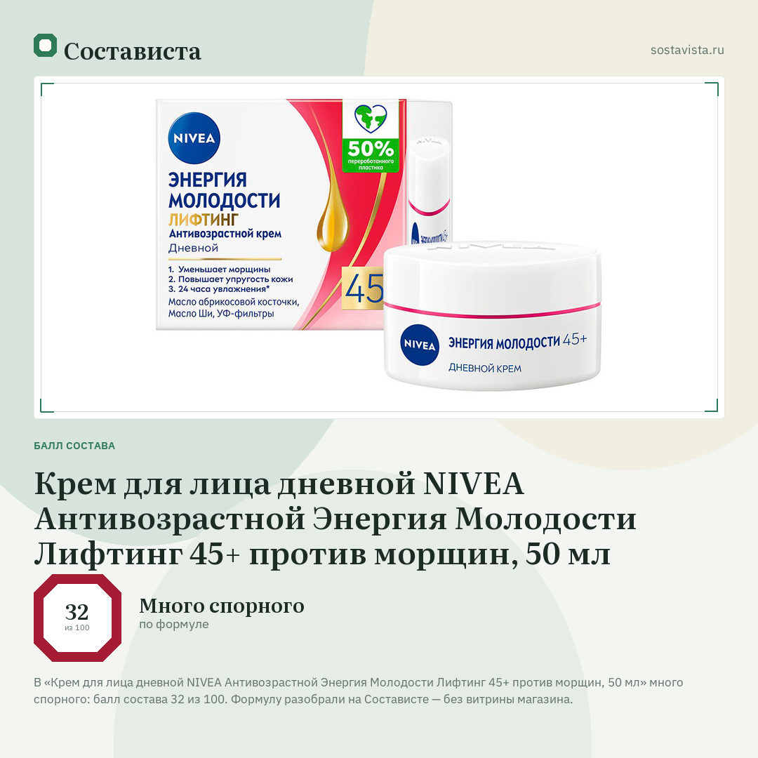 Крем для лица дневной NIVEA Антивозрастной Энергия Молодости Лифтинг 45+ против морщин, 50 мл: балл состава 32 из 100 — Состависта