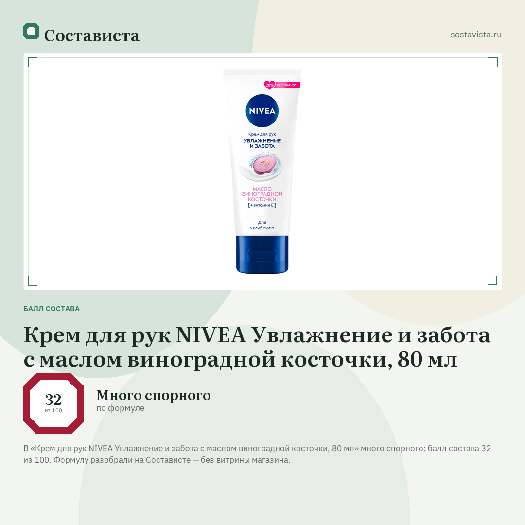Крем для рук NIVEA Увлажнение и забота с маслом виноградной косточки, 80 мл: балл состава 32 из 100 — Состависта