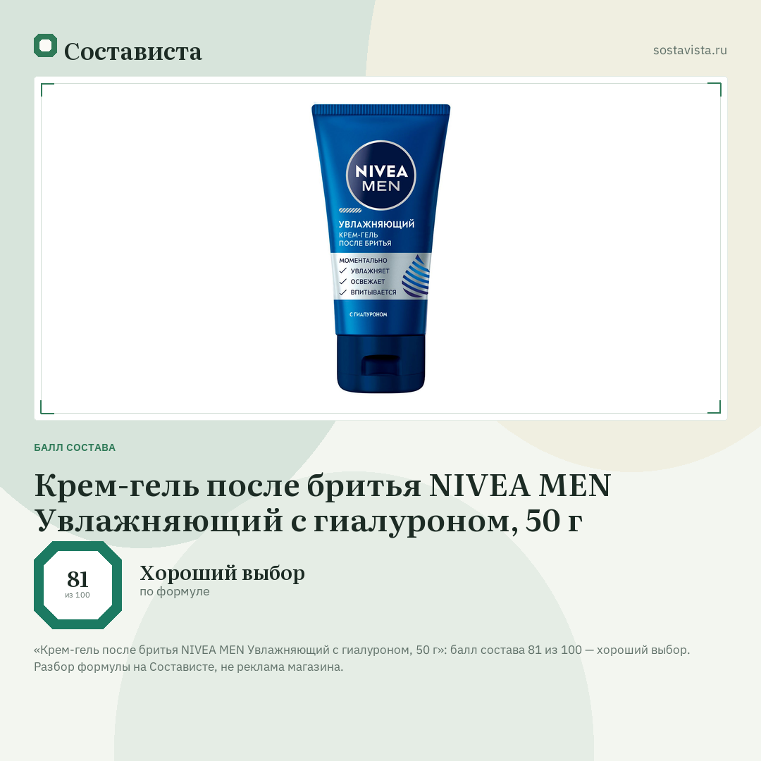 Крем-гель после бритья NIVEA MEN Увлажняющий с гиалуроном, 50 г: балл состава 81 из 100 — Состависта