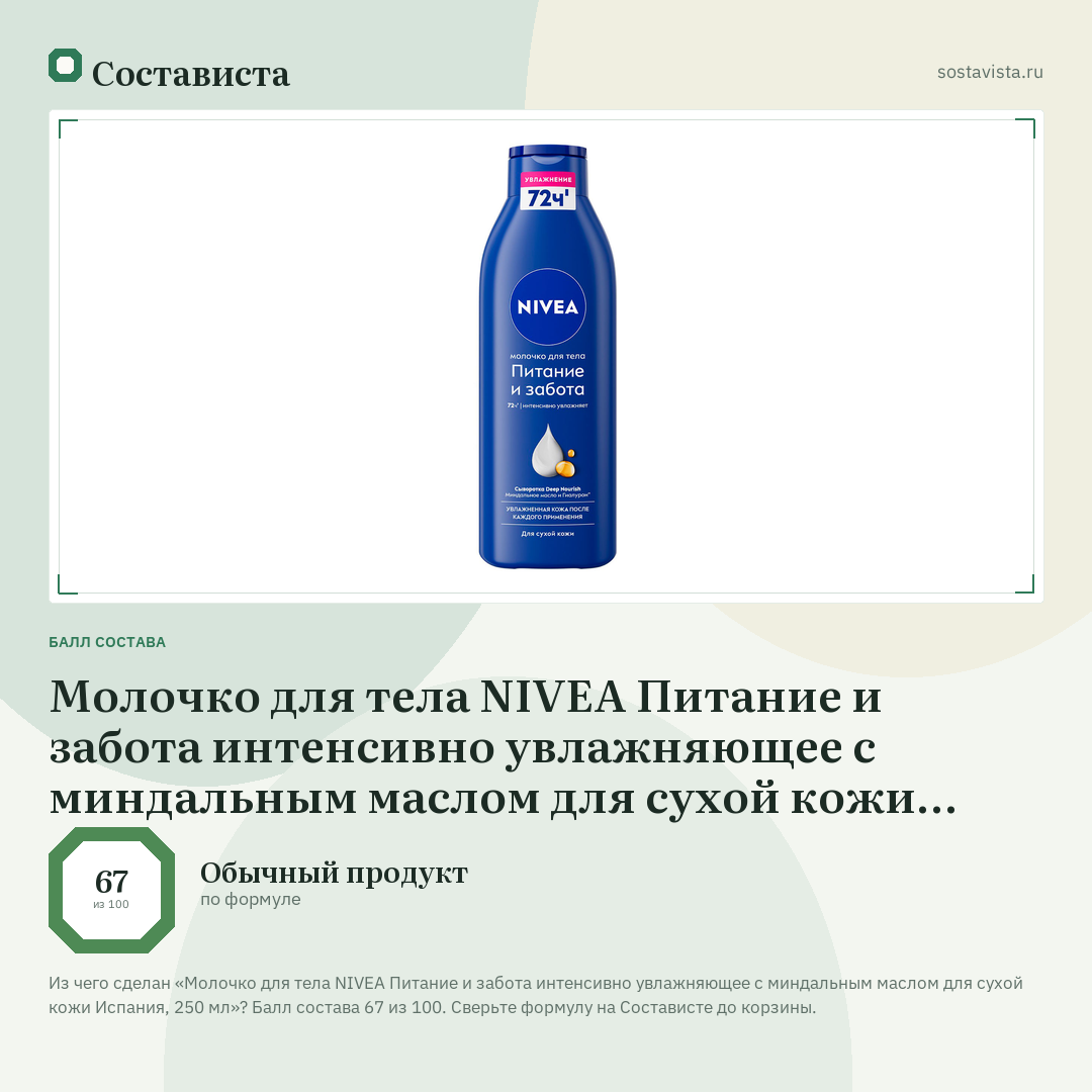 Молочко для тела NIVEA Питание и забота интенсивно увлажняющее с миндальным маслом для сухой кожи Испания, 250 мл: балл состава 67 из 100 — Состависта