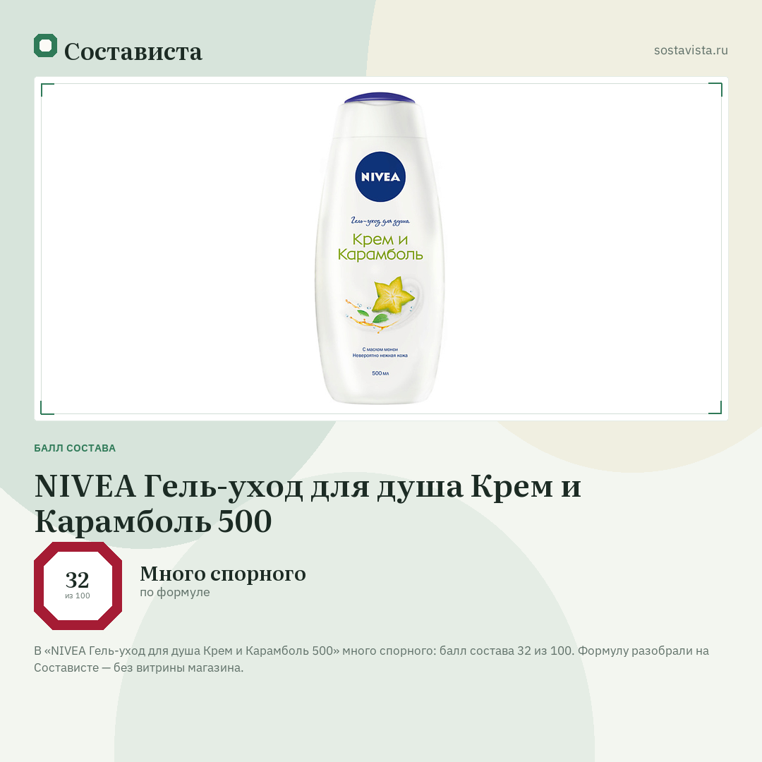 NIVEA Гель-уход для душа Крем и Карамболь 500: балл состава 32 из 100 — Состависта
