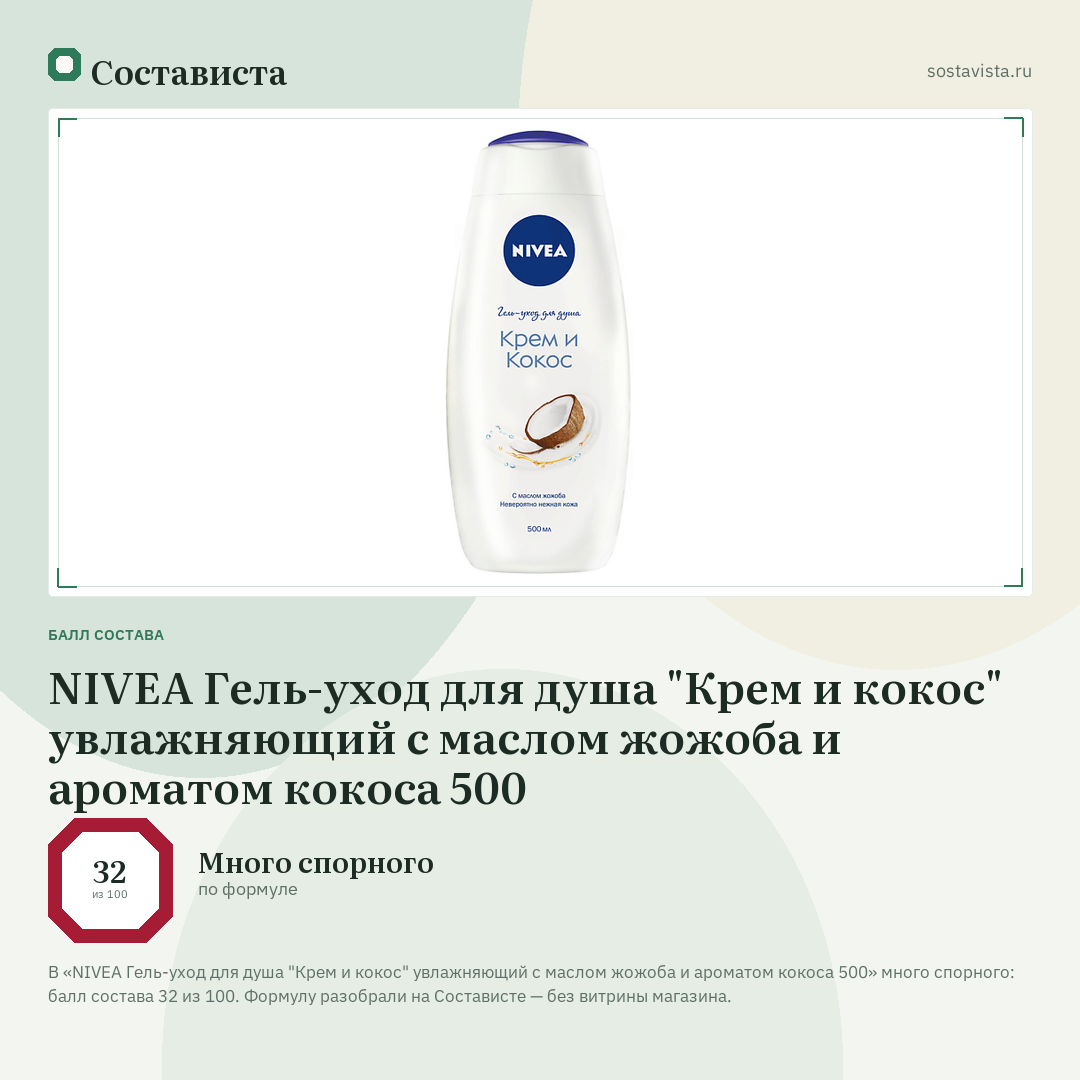 NIVEA Гель-уход для душа "Крем и кокос" увлажняющий с маслом жожоба и ароматом кокоса 500: балл состава 32 из 100 — Состависта