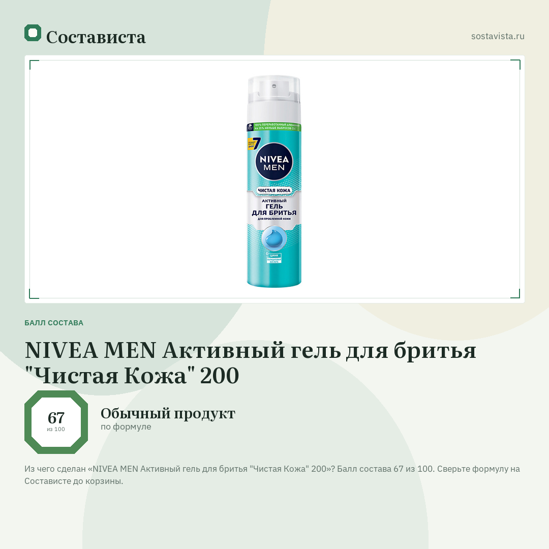 NIVEA MEN Активный гель для бритья "Чистая Кожа" 200: балл состава 67 из 100 — Состависта