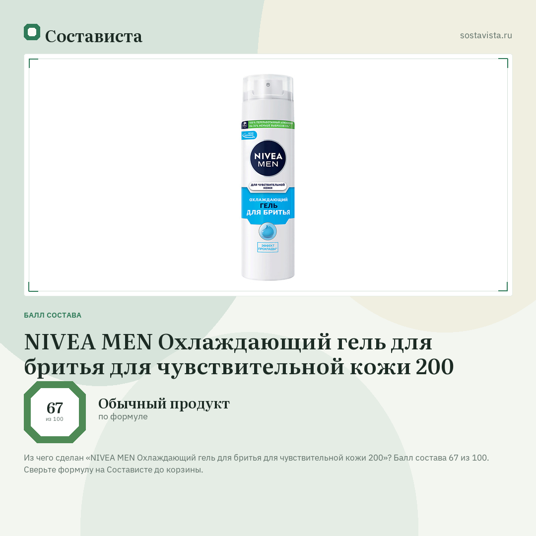 NIVEA MEN Охлаждающий гель для бритья для чувствительной кожи 200: балл состава 67 из 100 — Состависта