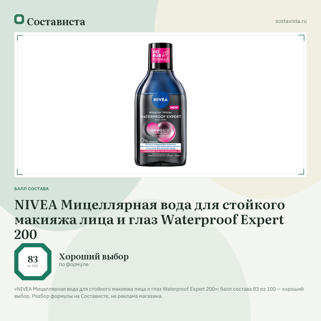 NIVEA Мицеллярная вода для стойкого макияжа лица и глаз Waterproof Expert 200: балл состава 83 из 100 — Состависта