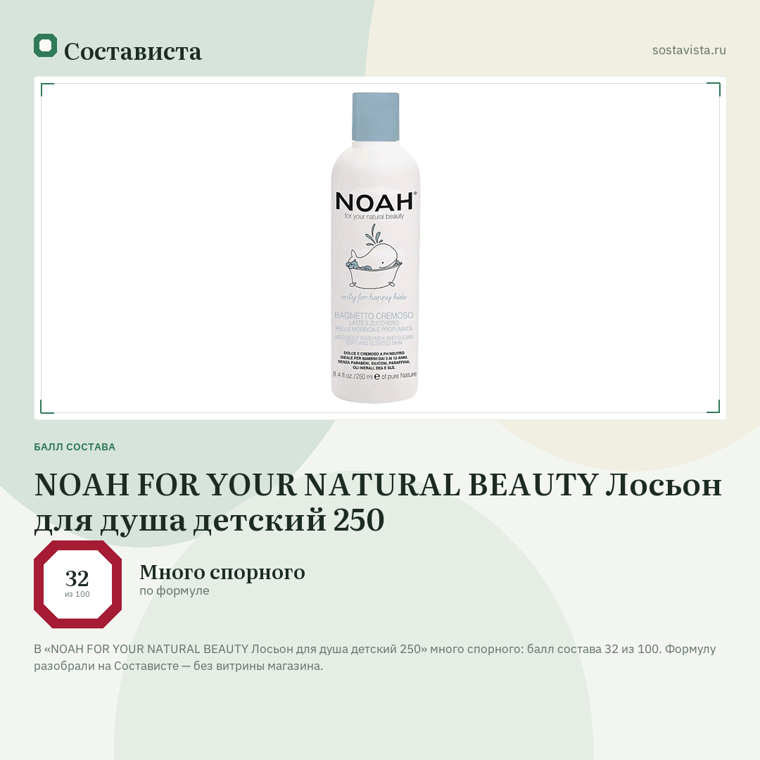 NOAH FOR YOUR NATURAL BEAUTY Лосьон для душа детский 250: балл состава 32 из 100 — Состависта