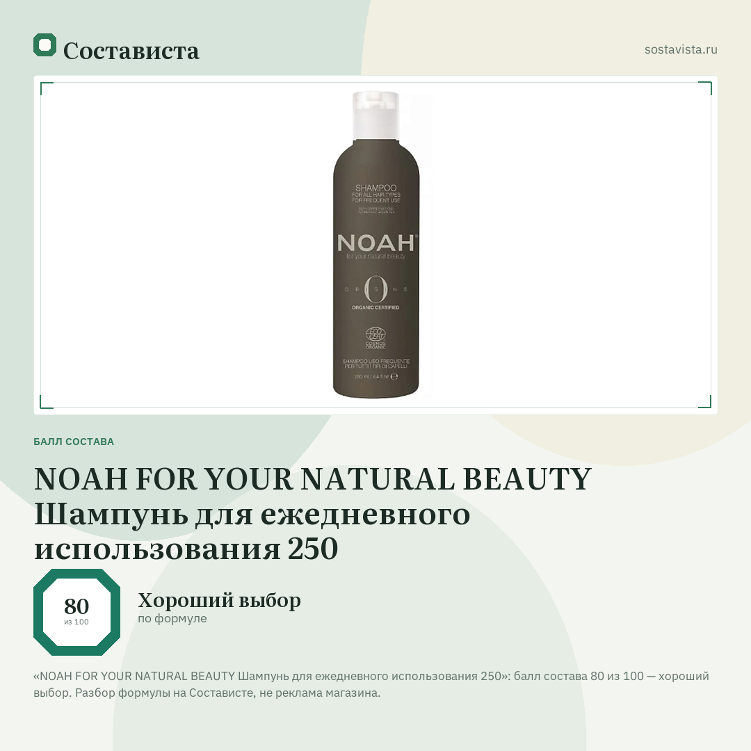 NOAH FOR YOUR NATURAL BEAUTY Шампунь для ежедневного использования 250: балл состава 80 из 100 — Состависта