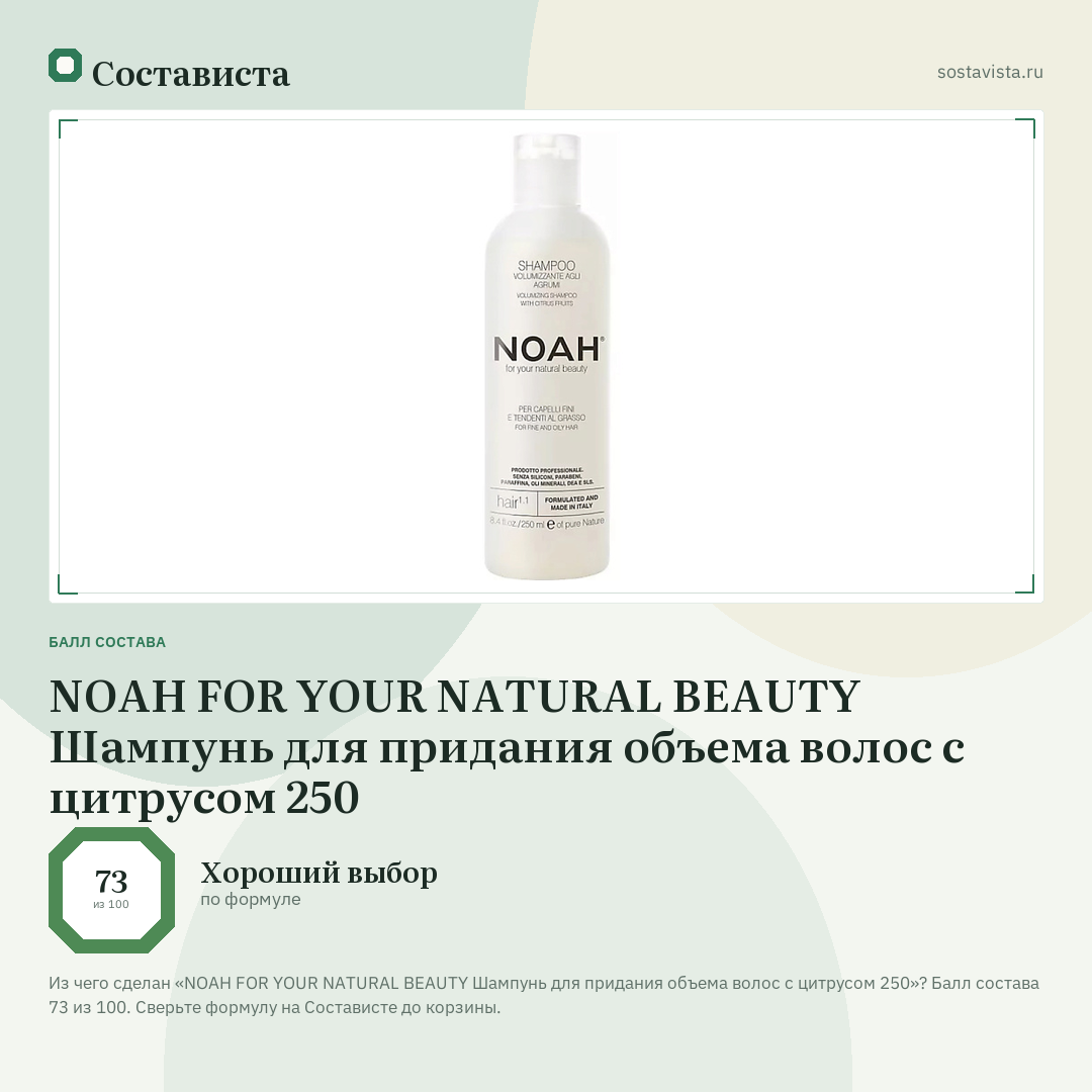 NOAH FOR YOUR NATURAL BEAUTY Шампунь для придания объема волос с цитрусом 250: балл состава 73 из 100 — Состависта