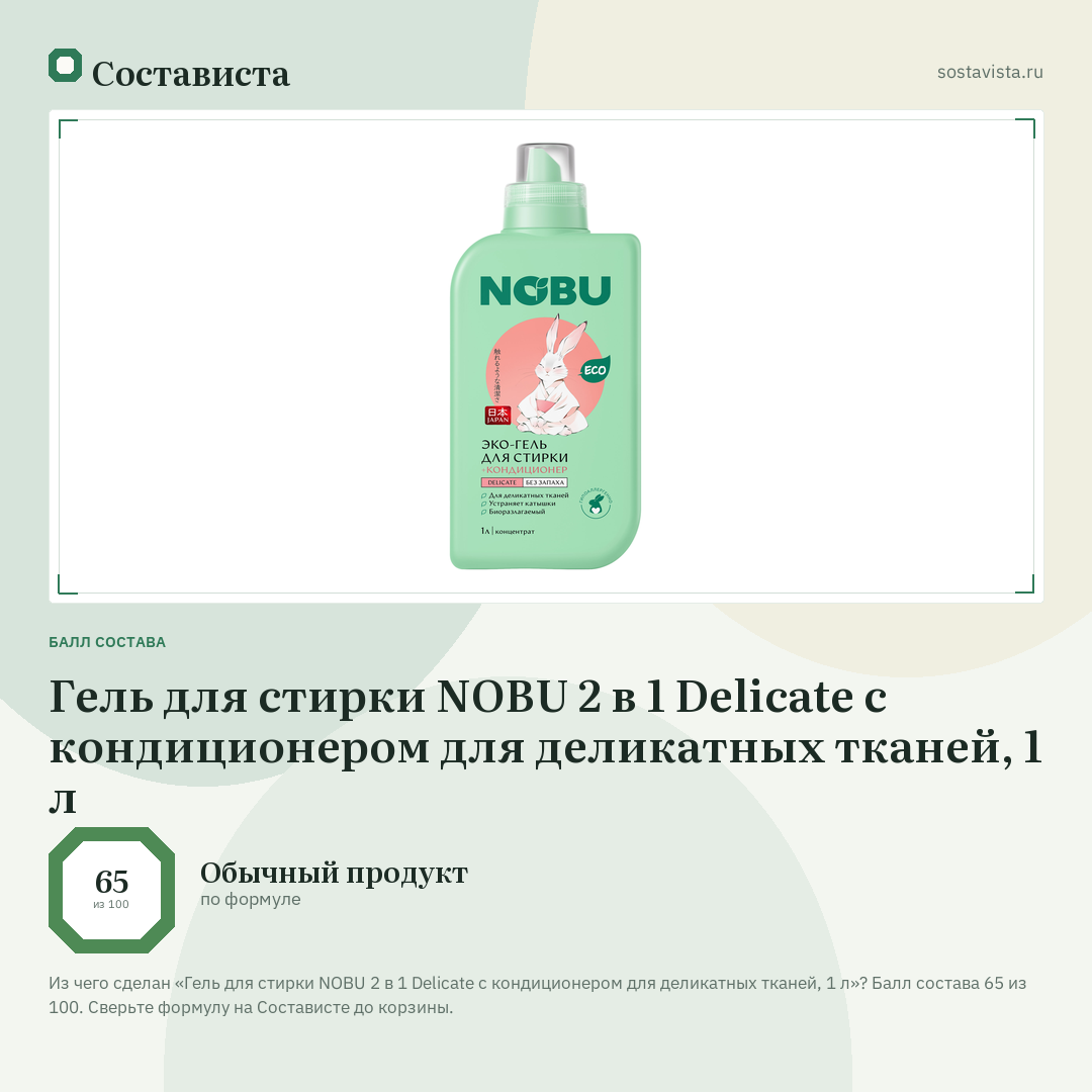 Гель для стирки NOBU 2 в 1 Delicate с кондиционером для деликатных тканей, 1 л: балл состава 65 из 100 — Состависта