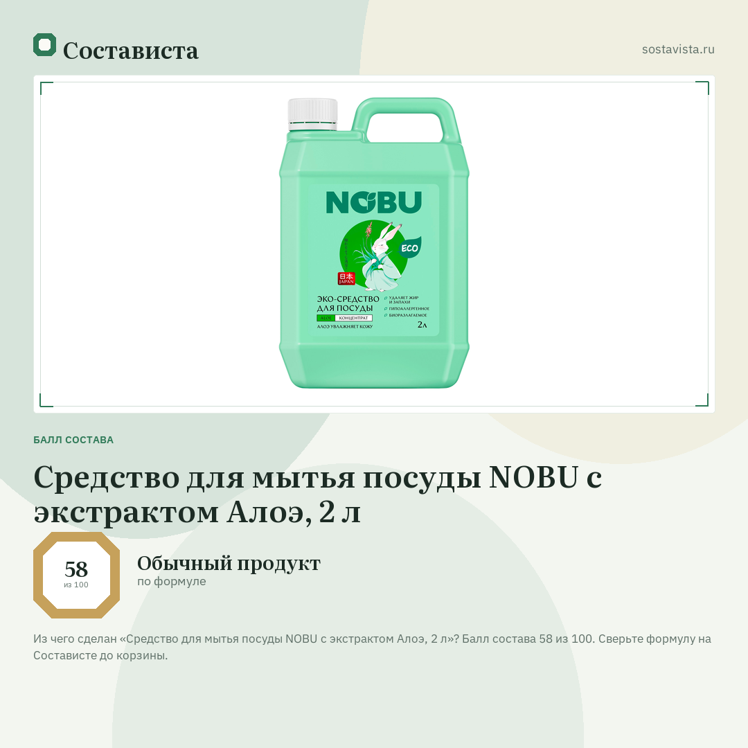 Средство для мытья посуды NOBU с экстрактом Алоэ, 2 л: балл состава 58 из 100 — Состависта