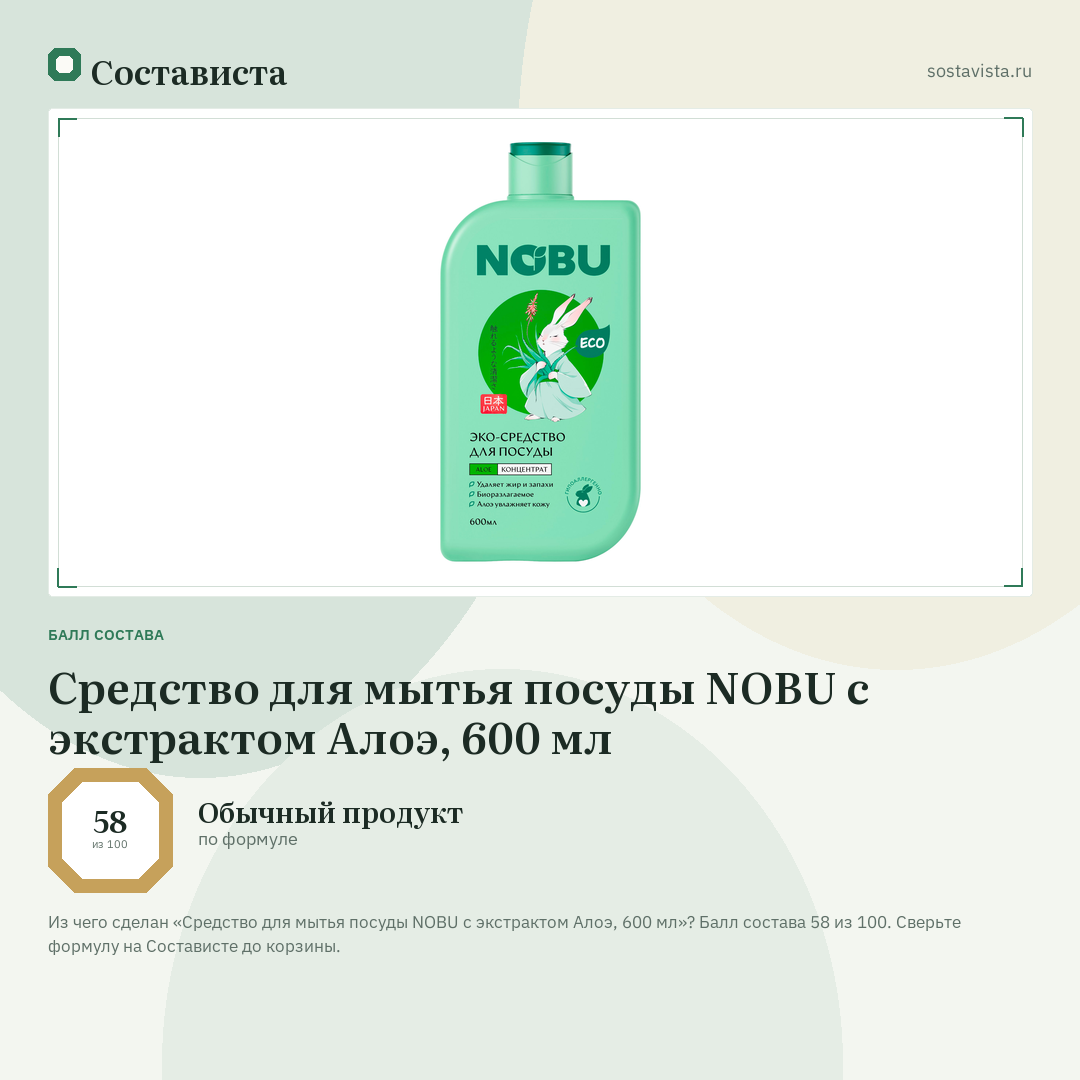 Средство для мытья посуды NOBU с экстрактом Алоэ, 600 мл: балл состава 58 из 100 — Состависта