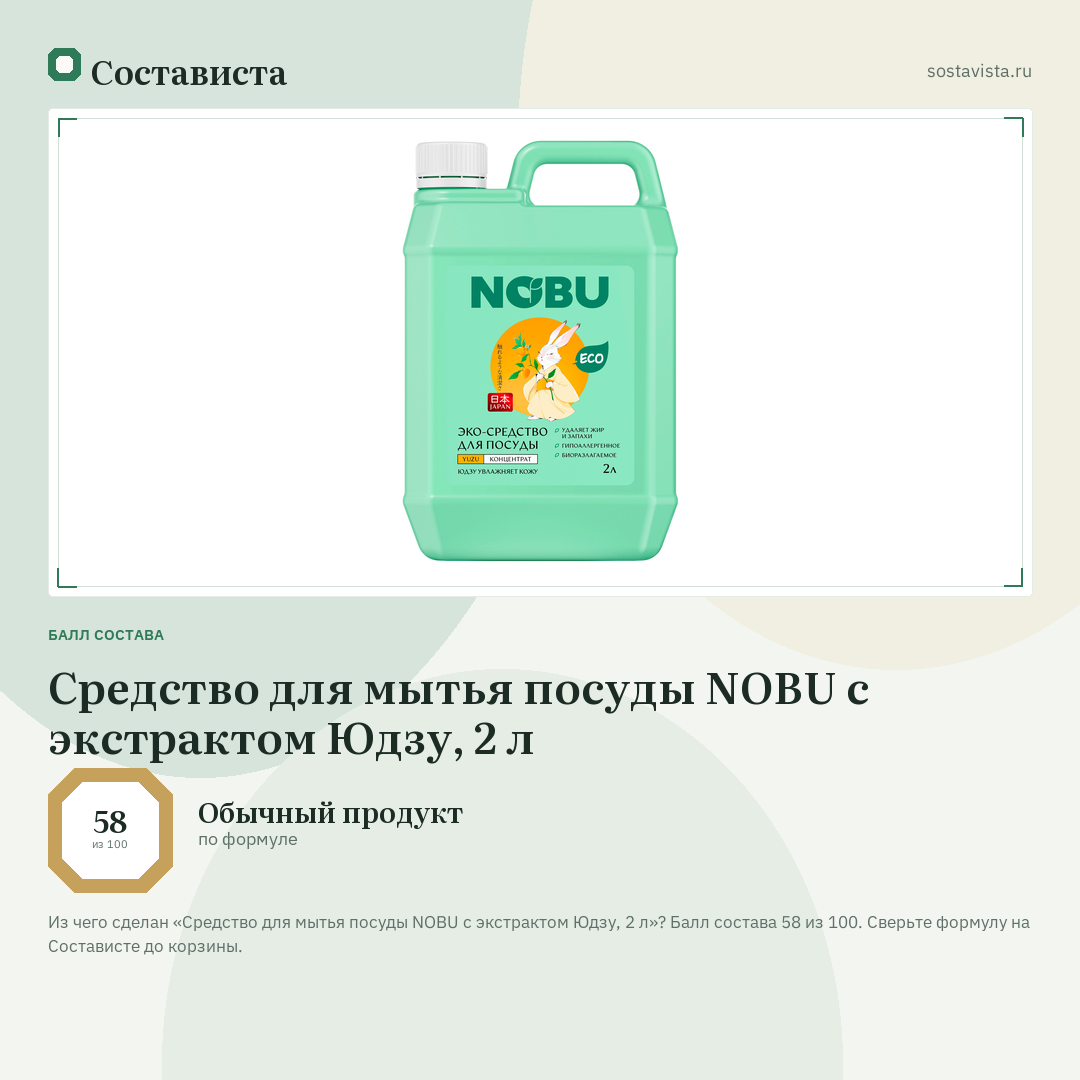 Средство для мытья посуды NOBU с экстрактом Юдзу, 2 л: балл состава 58 из 100 — Состависта