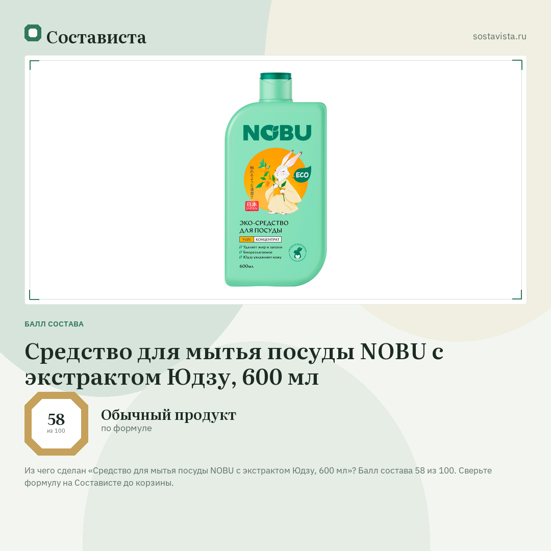 Средство для мытья посуды NOBU с экстрактом Юдзу, 600 мл: балл состава 58 из 100 — Состависта