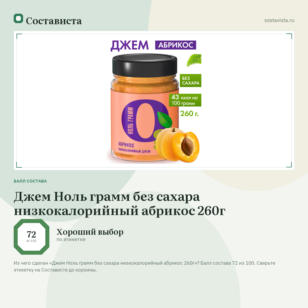 Джем Ноль грамм без сахара низкокалорийный абрикос 260г: балл состава 72 из 100 — Состависта