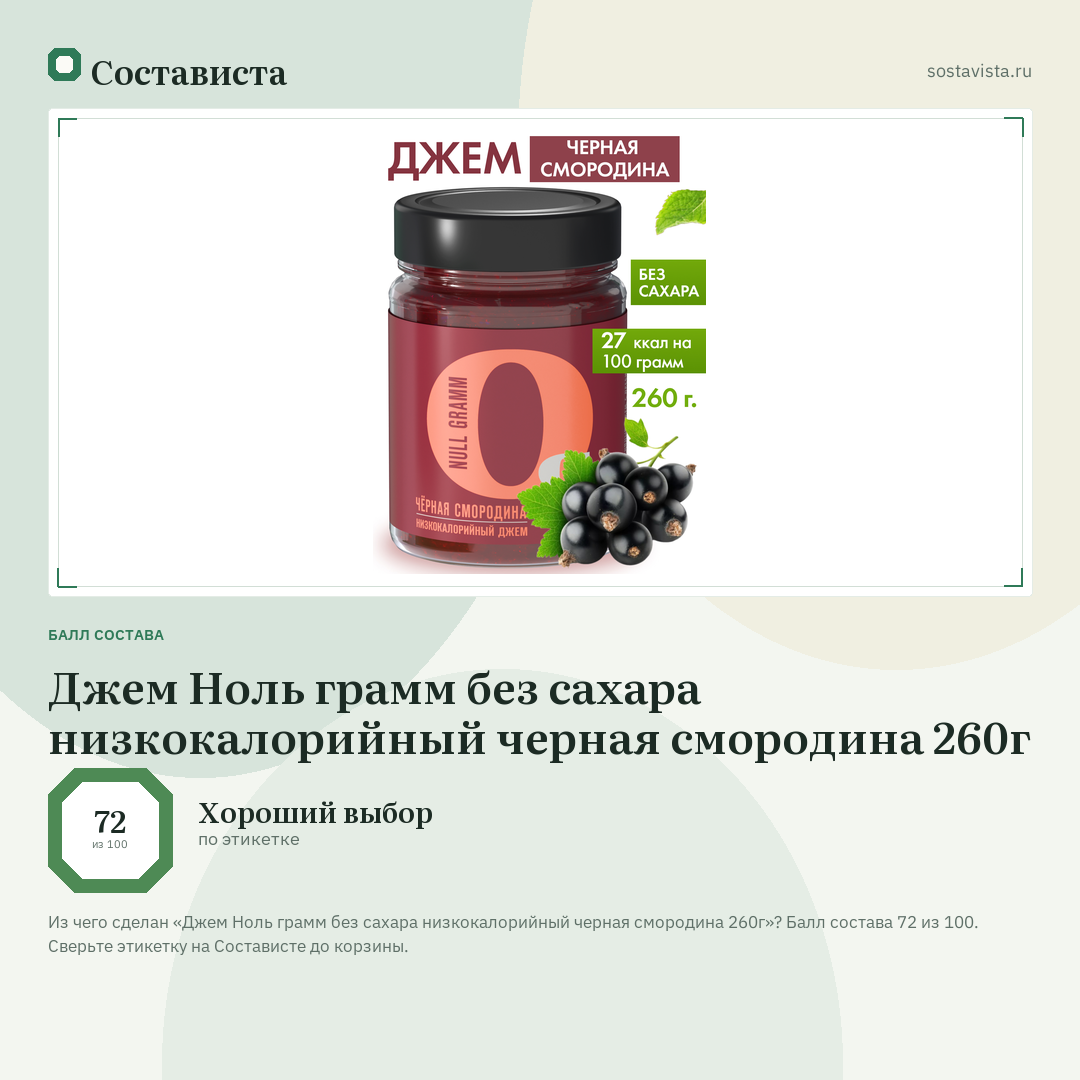 Джем Ноль грамм без сахара низкокалорийный черная смородина 260г: балл состава 72 из 100 — Состависта