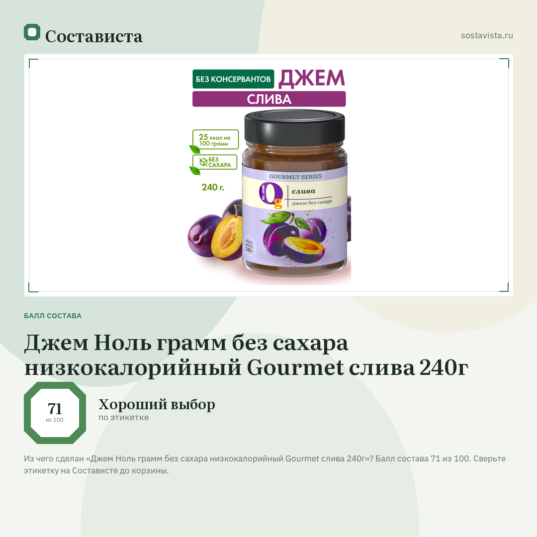 Джем Ноль грамм без сахара низкокалорийный Gourmet слива 240г: балл состава 71 из 100 — Состависта