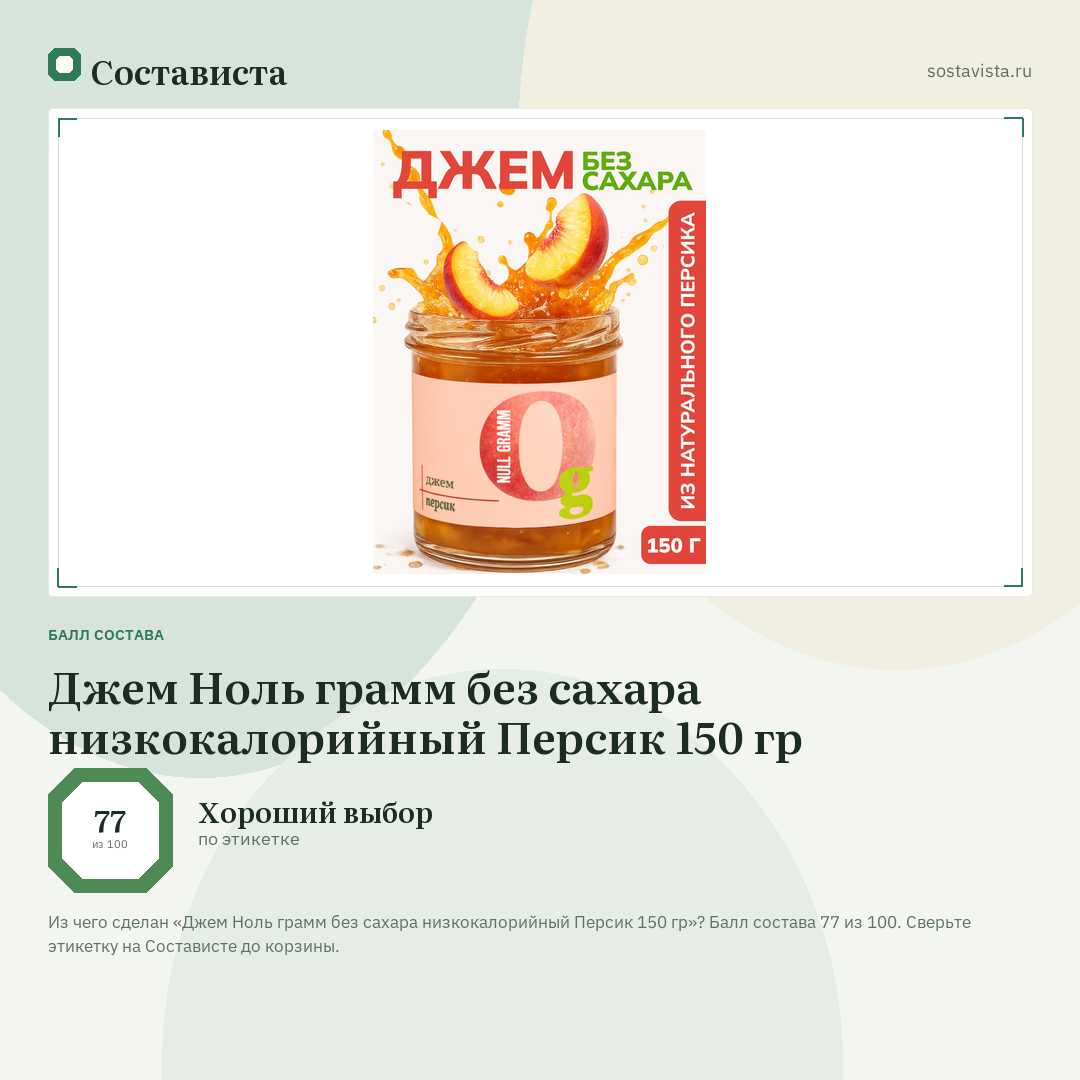Джем Ноль грамм без сахара низкокалорийный Персик 150 гр: балл состава 77 из 100 — Состависта