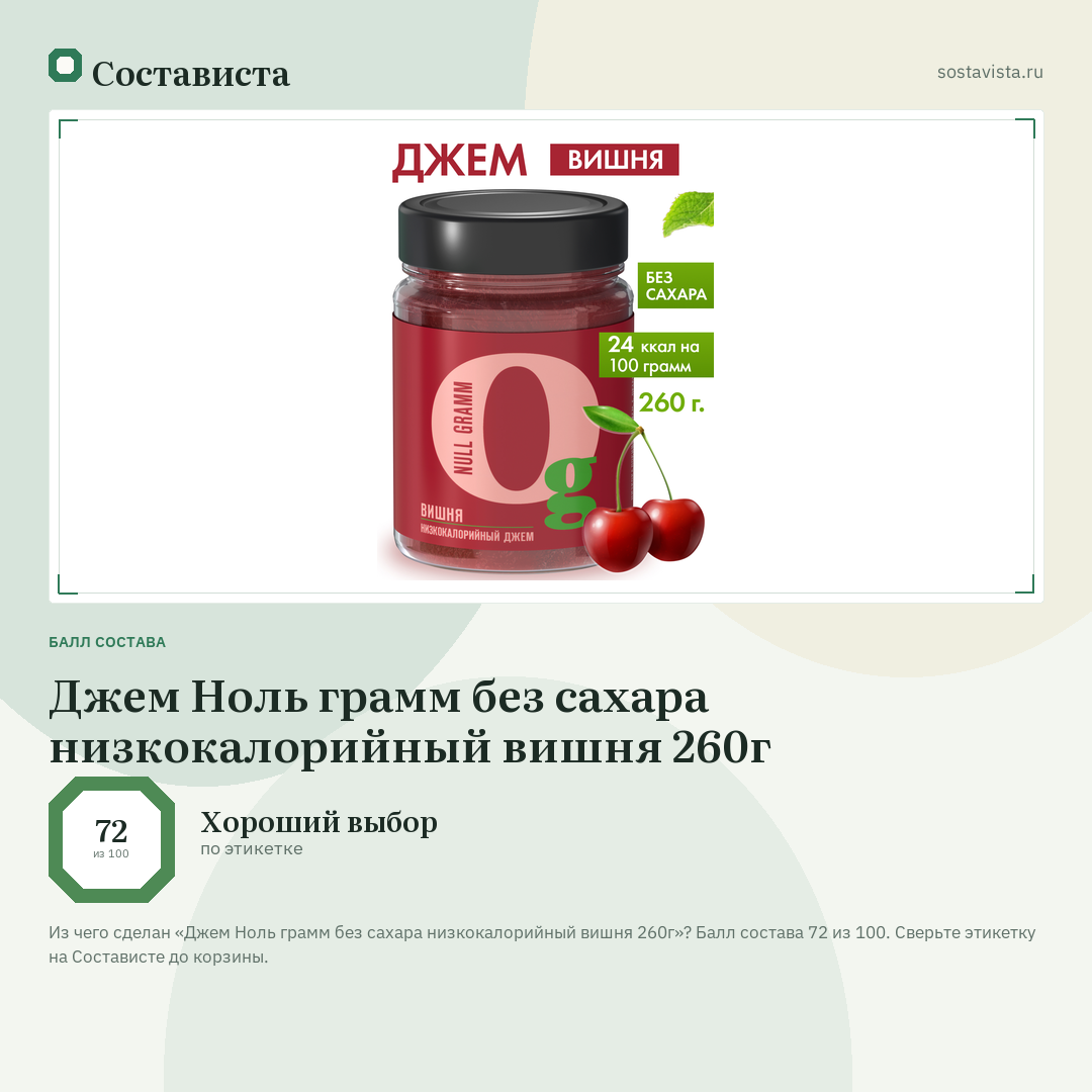 Джем Ноль грамм без сахара низкокалорийный вишня 260г: балл состава 72 из 100 — Состависта