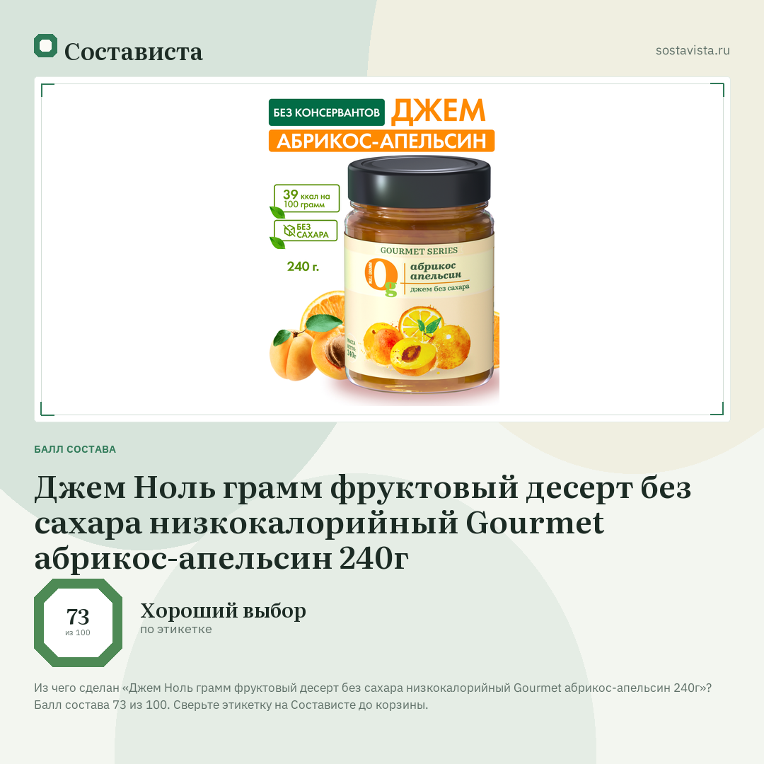 Джем Ноль грамм фруктовый десерт без сахара низкокалорийный Gourmet абрикос-апельсин 240г: балл состава 73 из 100 — Состависта