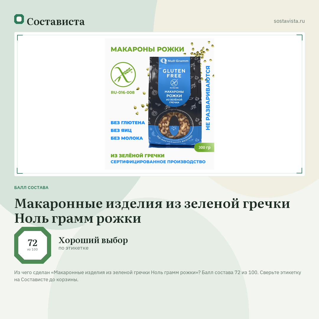Макаронные изделия из зеленой гречки Ноль грамм рожки: балл состава 72 из 100 — Состависта