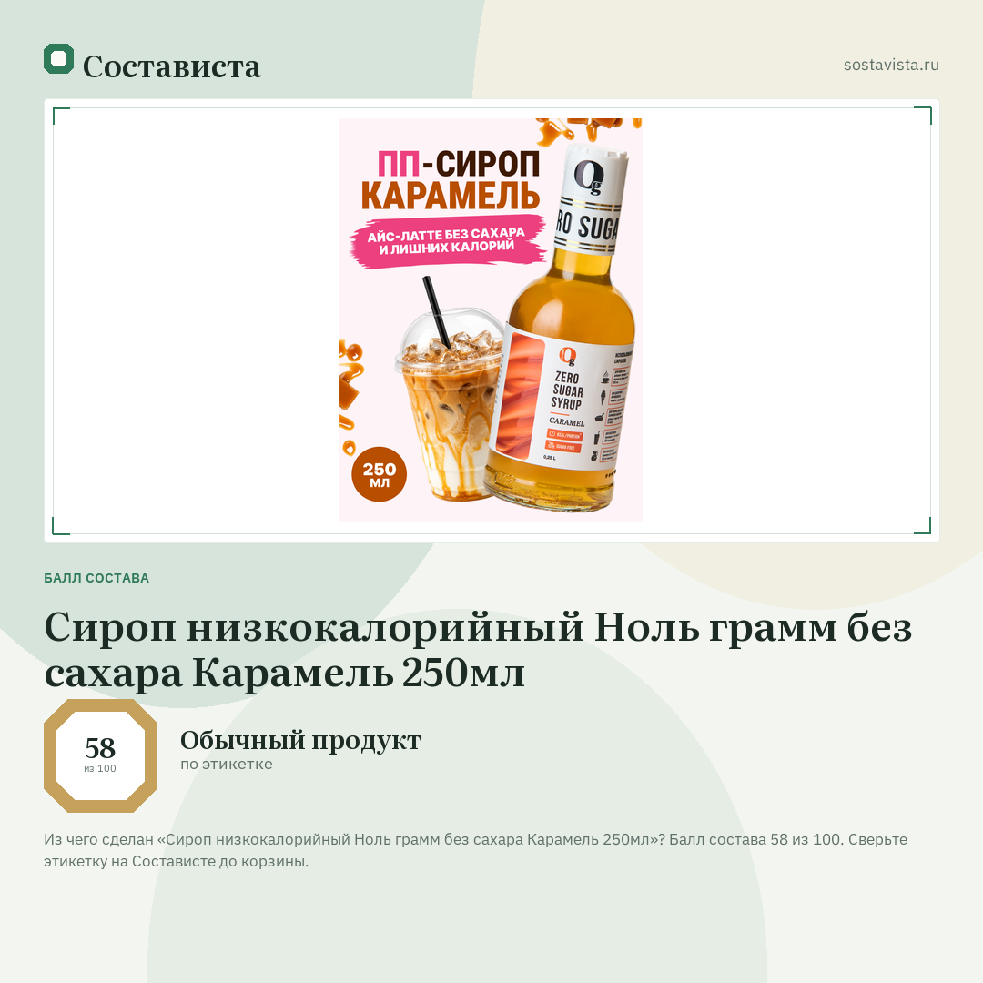 Сироп низкокалорийный Ноль грамм без сахара Карамель 250мл: балл состава 58 из 100 — Состависта