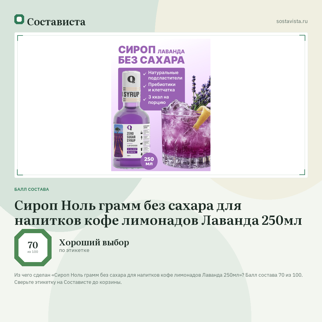 Сироп Ноль грамм без сахара для напитков кофе лимонадов Лаванда 250мл: балл состава 70 из 100 — Состависта