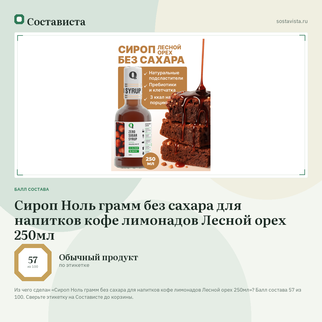 Сироп Ноль грамм без сахара для напитков кофе лимонадов Лесной орех 250мл: балл состава 57 из 100 — Состависта
