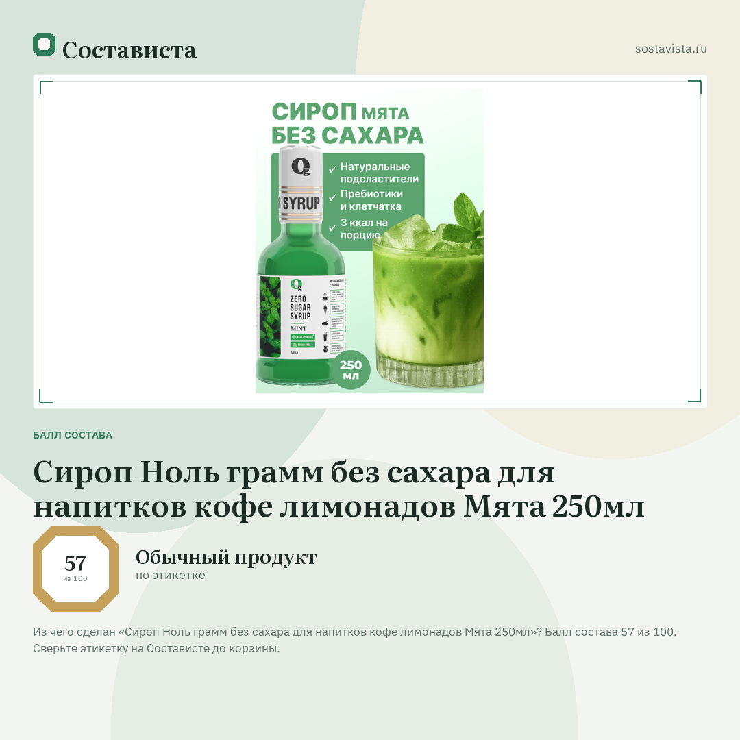 Сироп Ноль грамм без сахара для напитков кофе лимонадов Мята 250мл: балл состава 57 из 100 — Состависта