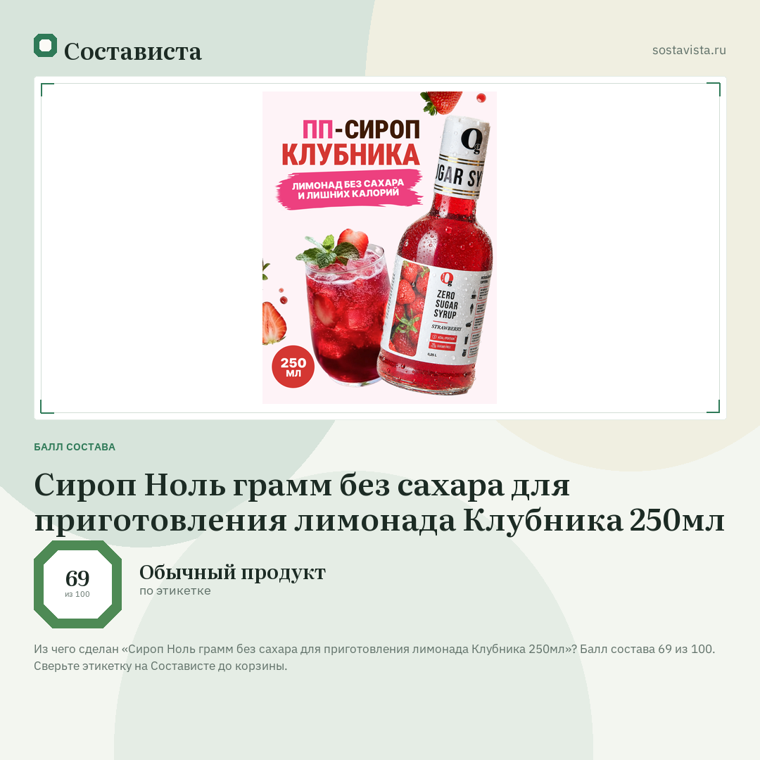 Сироп Ноль грамм без сахара для приготовления лимонада Клубника 250мл: балл состава 69 из 100 — Состависта
