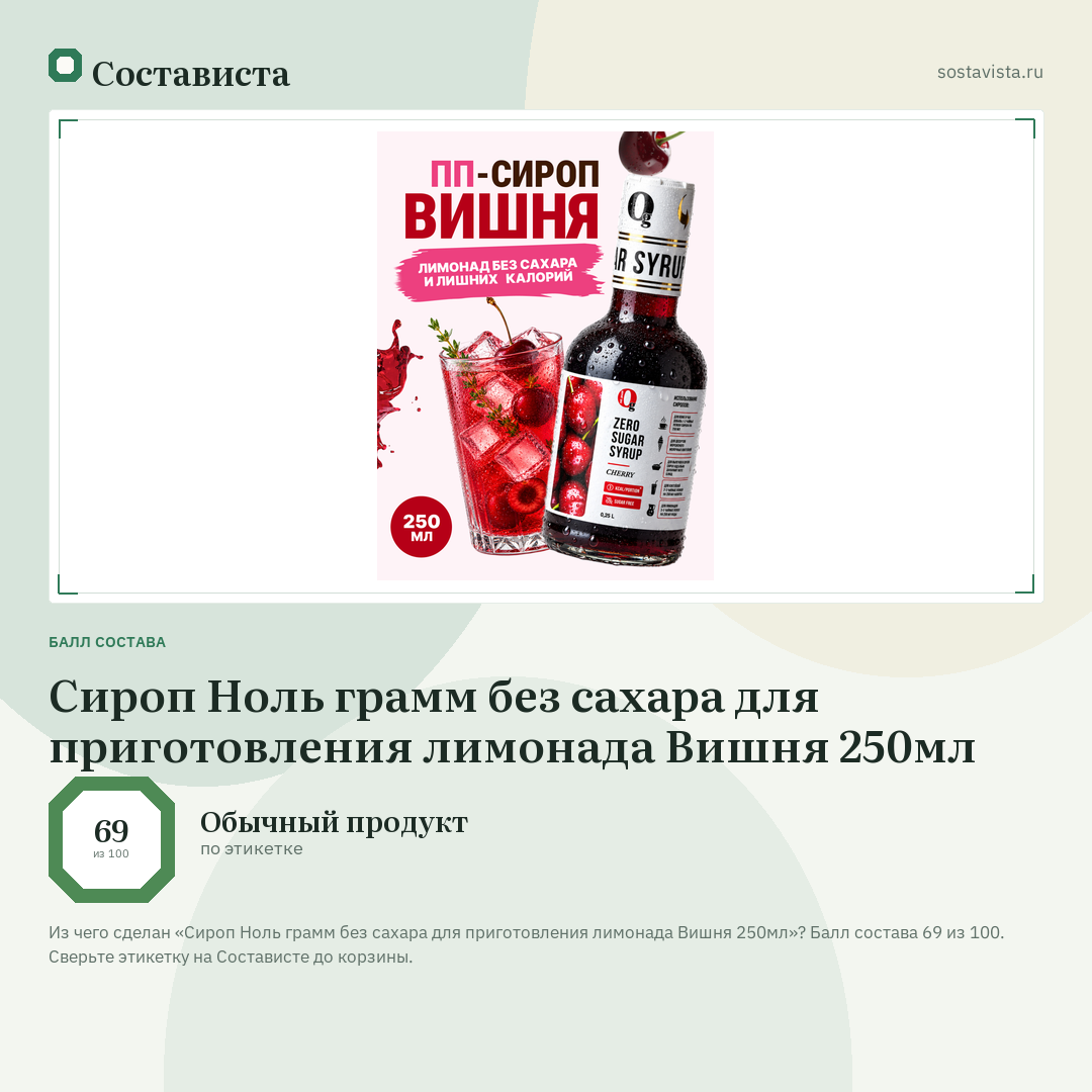Сироп Ноль грамм без сахара для приготовления лимонада Вишня 250мл: балл состава 69 из 100 — Состависта