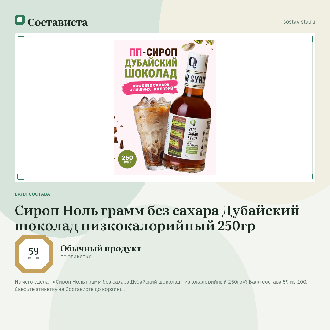 Сироп Ноль грамм без сахара Дубайский шоколад низкокалорийный 250гр: балл состава 59 из 100 — Состависта