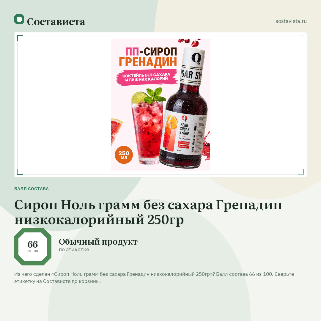 Сироп Ноль грамм без сахара Гренадин низкокалорийный 250гр: балл состава 66 из 100 — Состависта