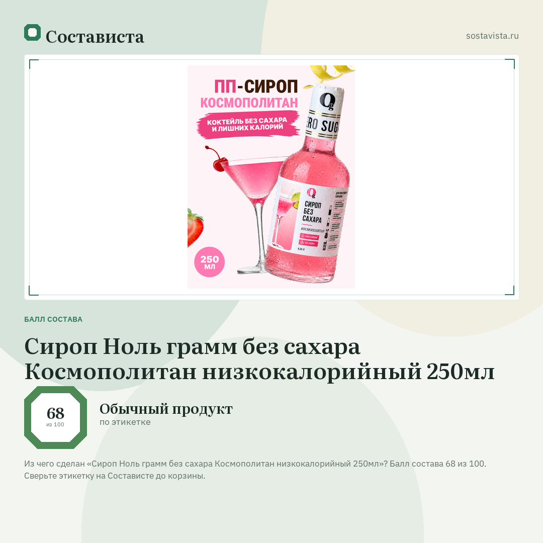 Сироп Ноль грамм без сахара Космополитан низкокалорийный 250мл: балл состава 68 из 100 — Состависта