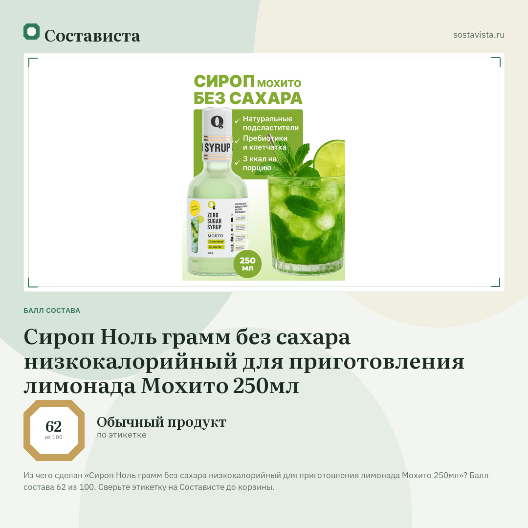 Сироп Ноль грамм без сахара низкокалорийный для приготовления лимонада Мохито 250мл: балл состава 62 из 100 — Состависта
