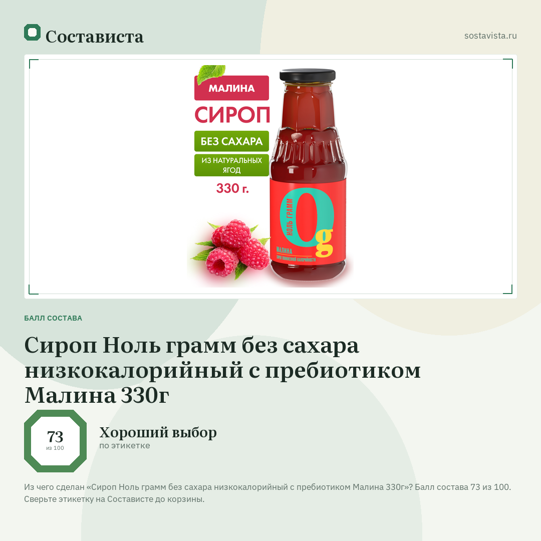 Сироп Ноль грамм без сахара низкокалорийный с пребиотиком Малина 330г: балл состава 73 из 100 — Состависта