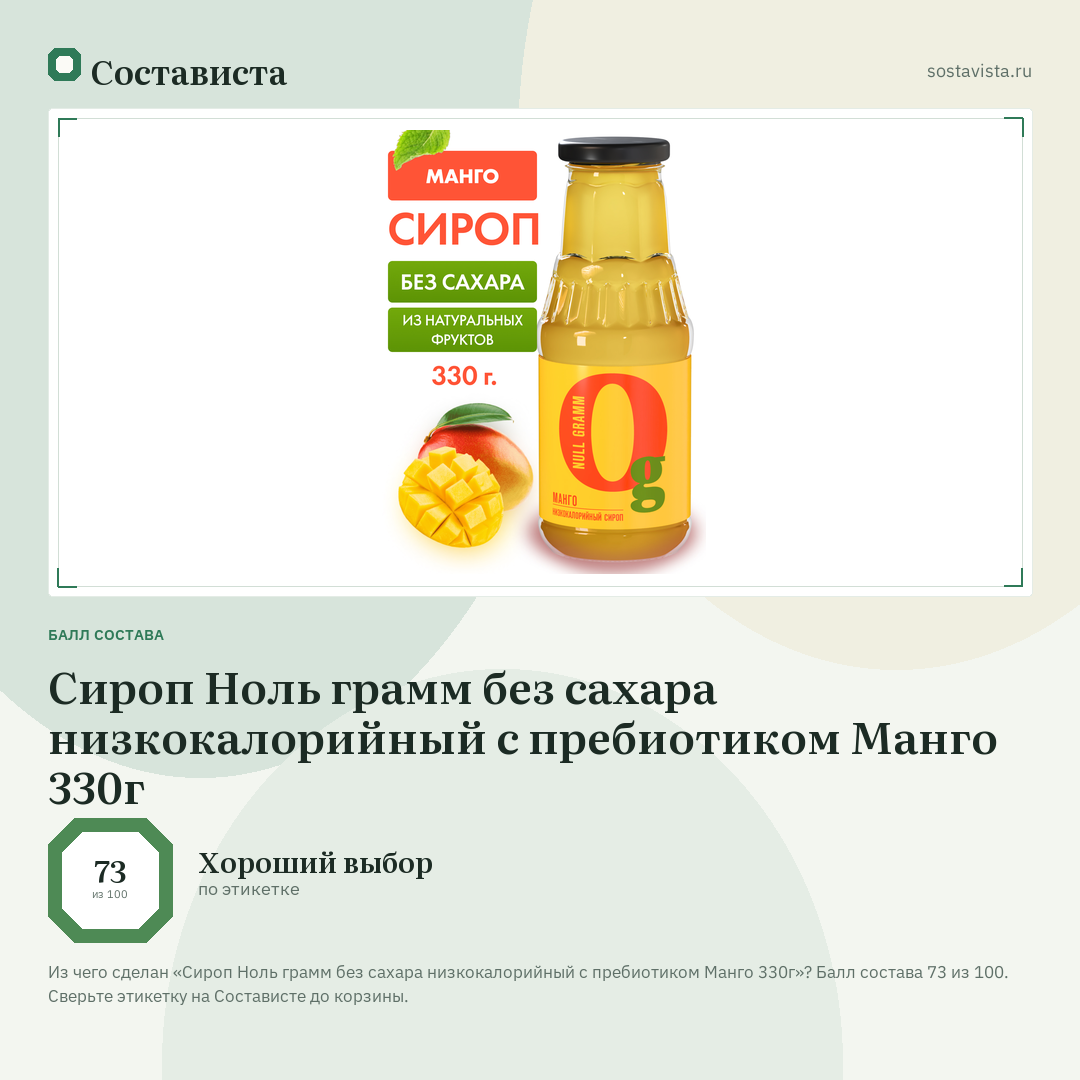 Сироп Ноль грамм без сахара низкокалорийный с пребиотиком Манго 330г: балл состава 73 из 100 — Состависта