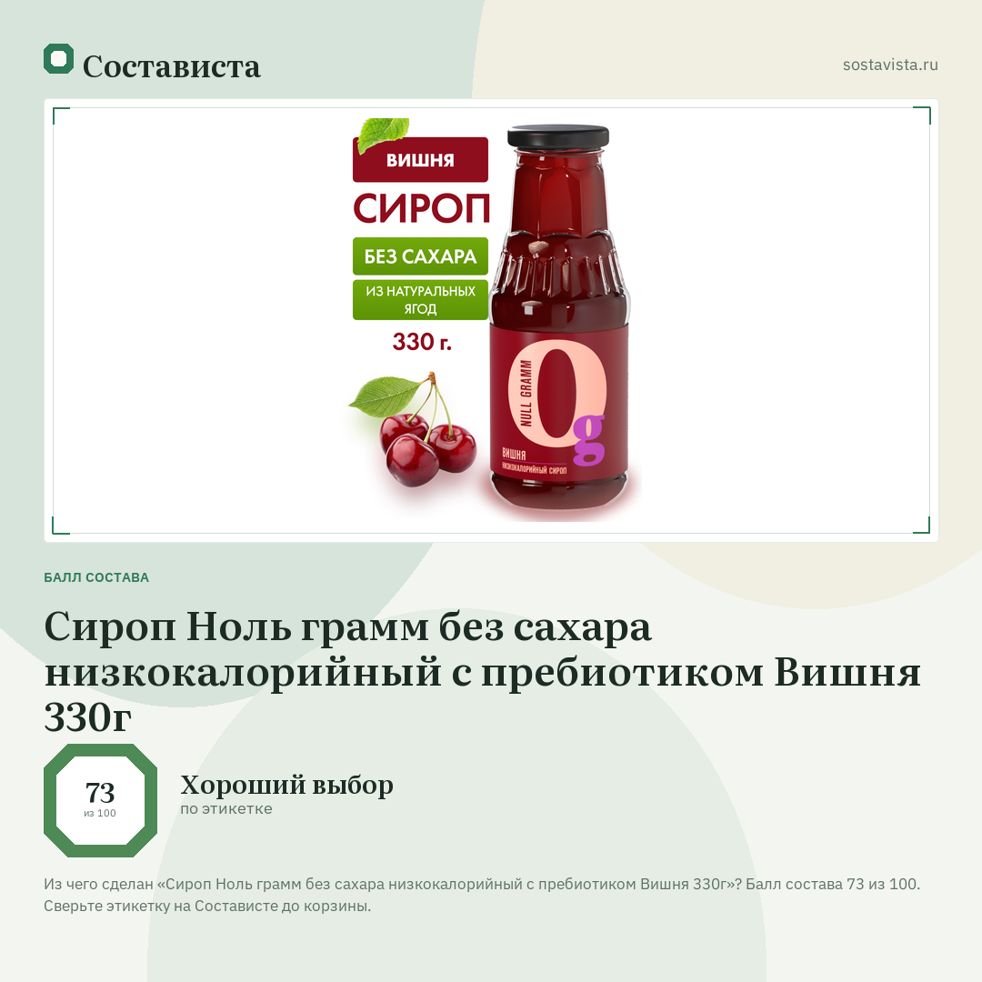 Сироп Ноль грамм без сахара низкокалорийный с пребиотиком Вишня 330г: балл состава 73 из 100 — Состависта