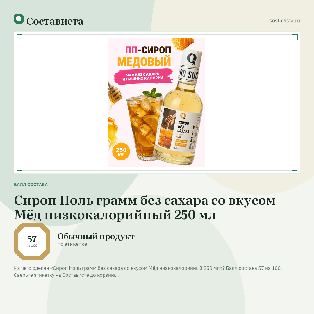 Сироп Ноль грамм без сахара со вкусом Мёд низкокалорийный 250 мл: балл состава 57 из 100 — Состависта