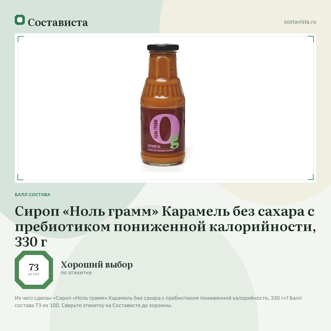 Сироп «Ноль грамм» Карамель без сахара с пребиотиком пониженной калорийности, 330 г: балл состава 73 из 100 — Состависта